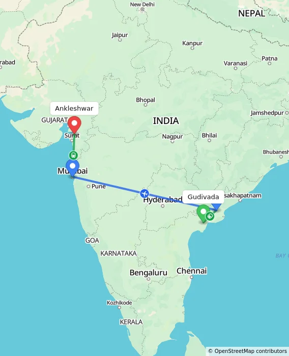 Route map showing distance and travel time from Gudivada, India to Ankleshwar, India
