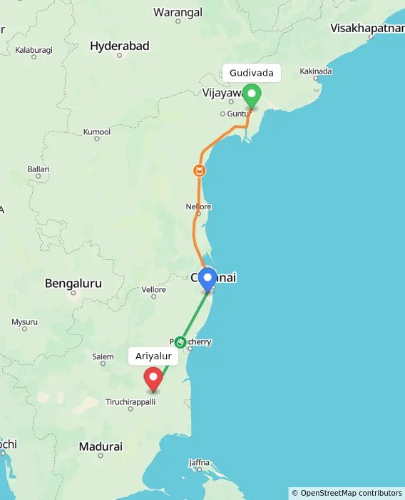 Route map showing distance and travel time from Gudivada, India to Ariyalur, India