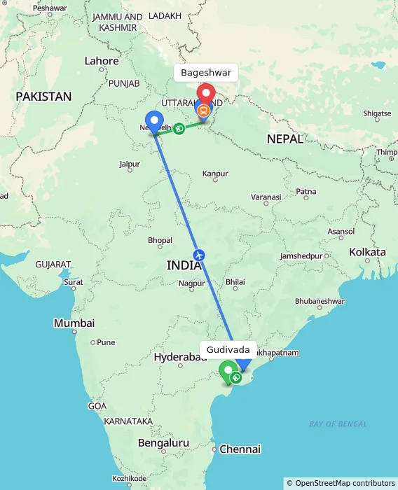 Route map showing distance and travel time from Gudivada, India to Bageshwar, India