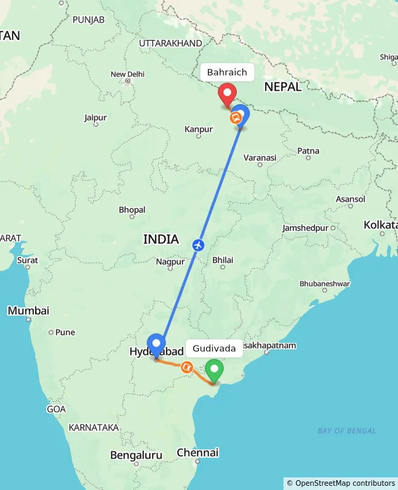 Route map showing distance and travel time from Gudivada, India to Bahraich, India