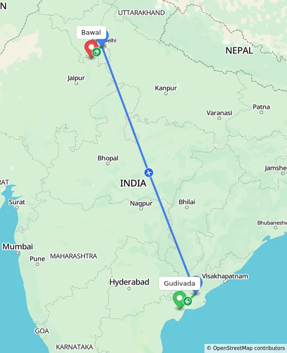 Route map showing distance and travel time from Gudivada, India to Bawal, India