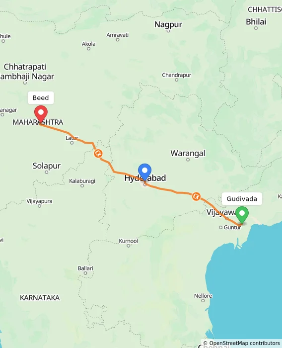 Route map showing distance and travel time from Gudivada, India to Beed, India