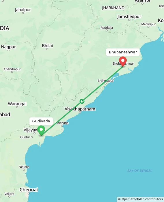 Route map showing distance and travel time from Gudivada, India to Bhubaneshwar, India