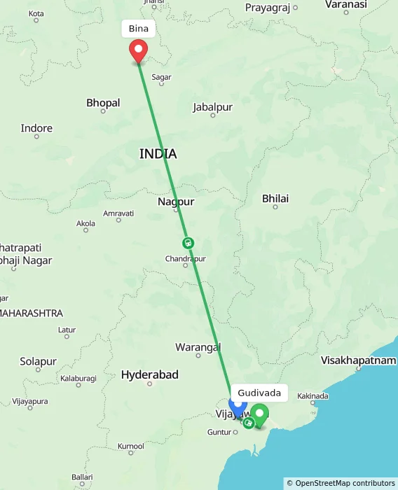 Route map showing distance and travel time from Gudivada, India to Bina, India