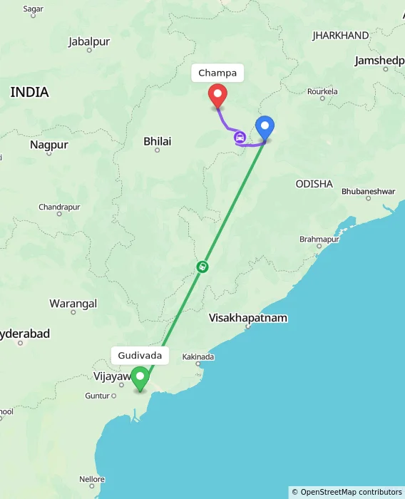Route map showing distance and travel time from Gudivada, India to Champa, India
