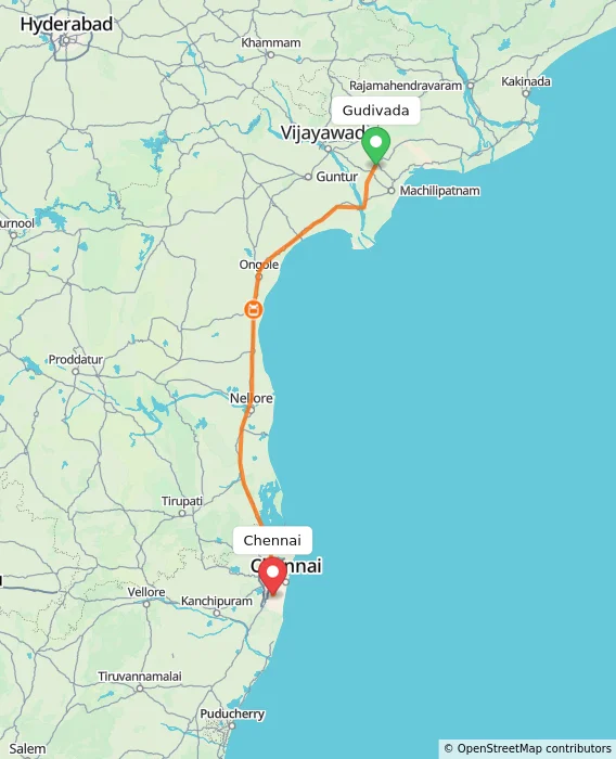 Route map showing distance and travel time from Gudivada, India to Chennai, India