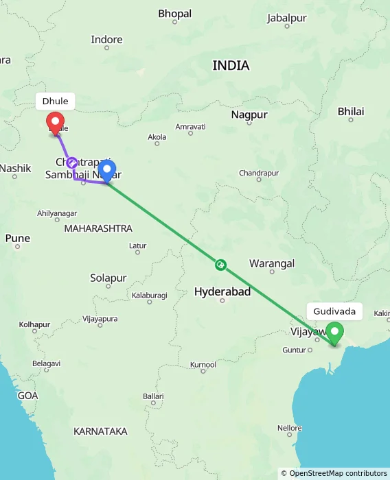 Route map showing distance and travel time from Gudivada, India to Dhule, India