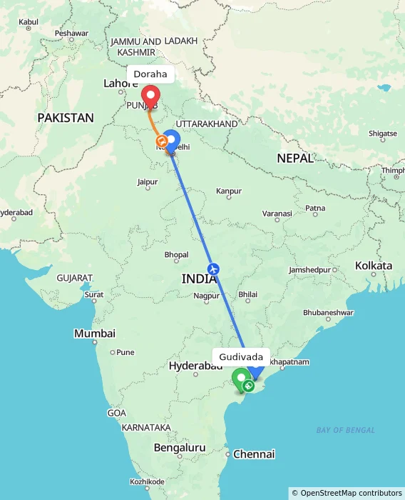 Route map showing distance and travel time from Gudivada, India to Doraha, India