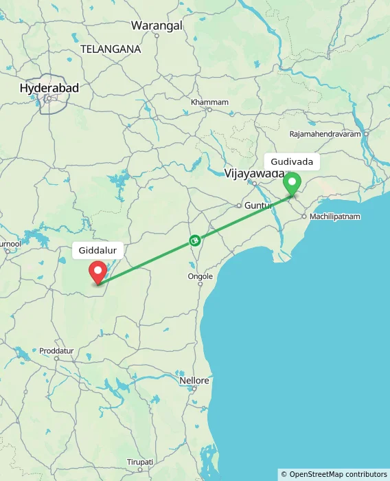 Route map showing distance and travel time from Gudivada, India to Giddalur, India