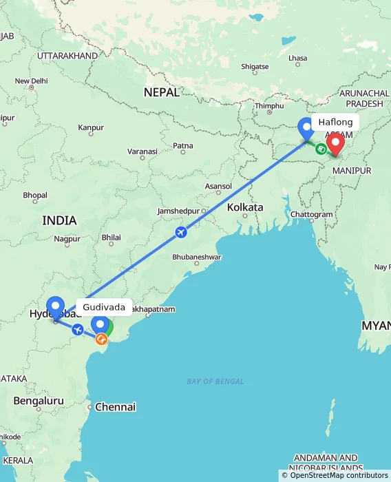 Route map showing distance and travel time from Gudivada, India to Haflong, India