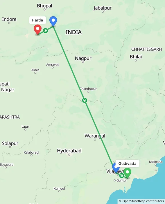 Route map showing distance and travel time from Gudivada, India to Harda, India