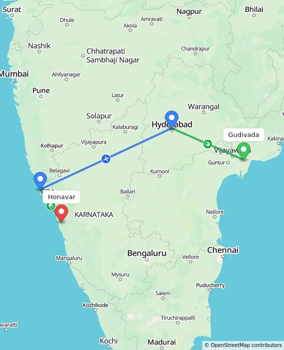 Route map showing distance and travel time from Gudivada, India to Honavar, India