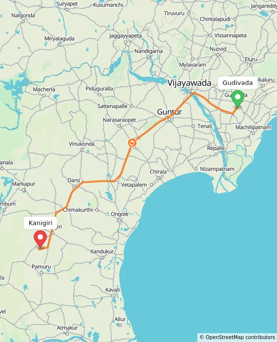 Route map showing distance and travel time from Gudivada, India to Kanigiri, India
