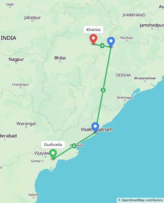Route map showing distance and travel time from Gudivada, India to Kharsia, India
