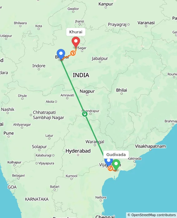 Route map showing distance and travel time from Gudivada, India to Khurai, India