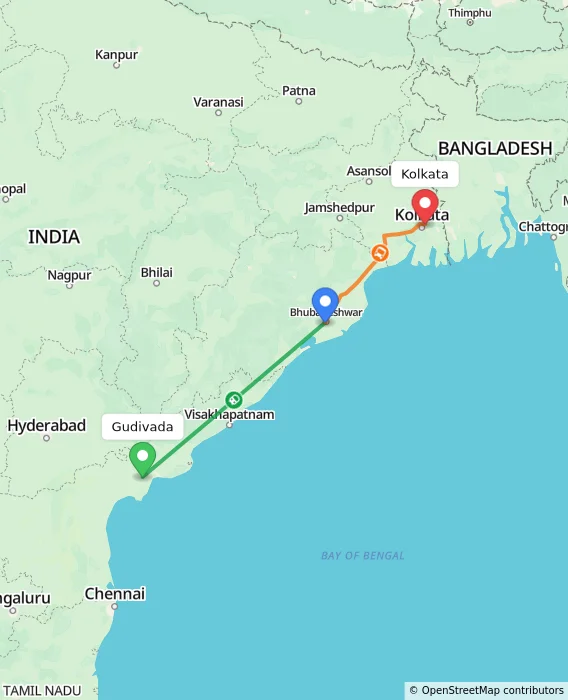 Route map showing distance and travel time from Gudivada, India to Kolkata, India