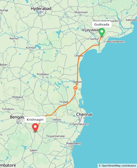 Route map showing distance and travel time from Gudivada, India to Krishnagiri, India
