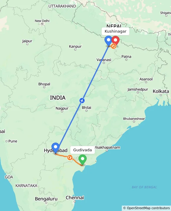 Route map showing distance and travel time from Gudivada, India to Kushinagar, India