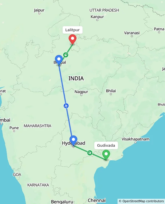 Route map showing distance and travel time from Gudivada, India to Lalitpur, India
