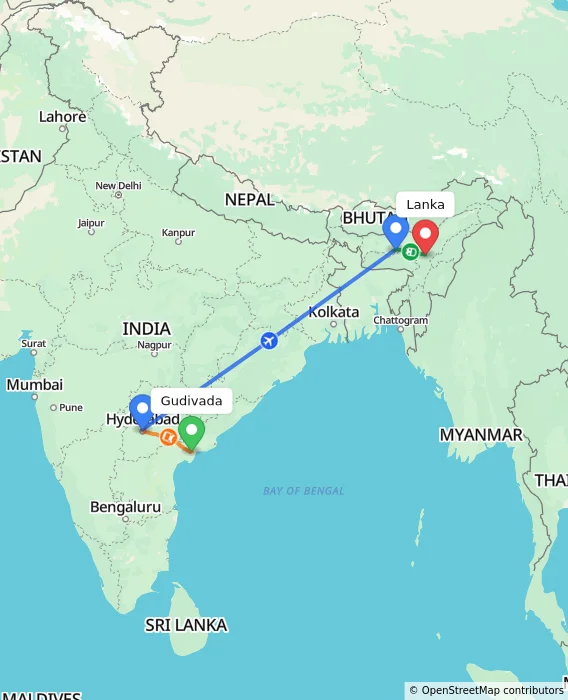 Route map showing distance and travel time from Gudivada, India to Lanka, India