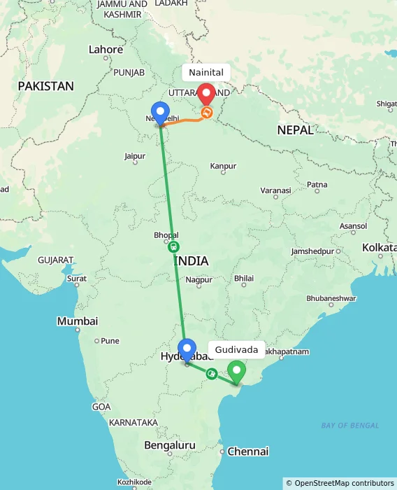 Route map showing distance and travel time from Gudivada, India to Nainital, India