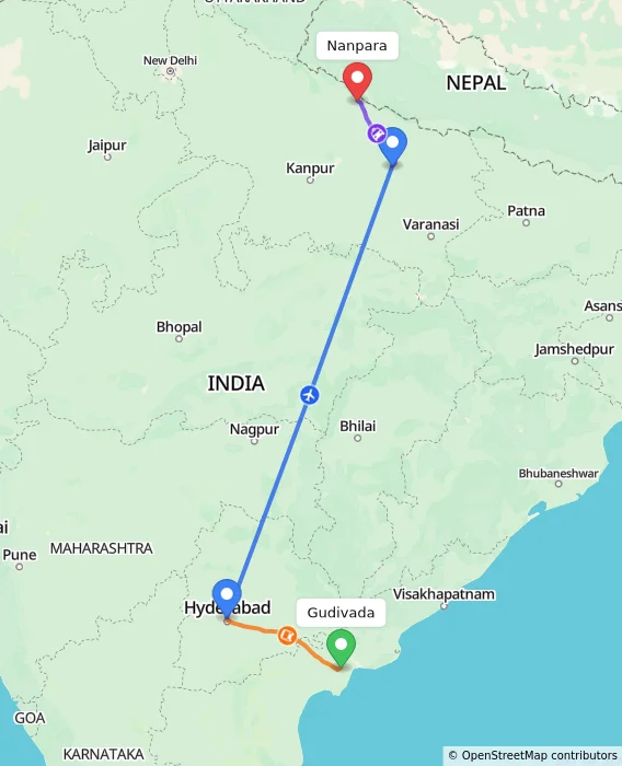 Route map showing distance and travel time from Gudivada, India to Nanpara, India
