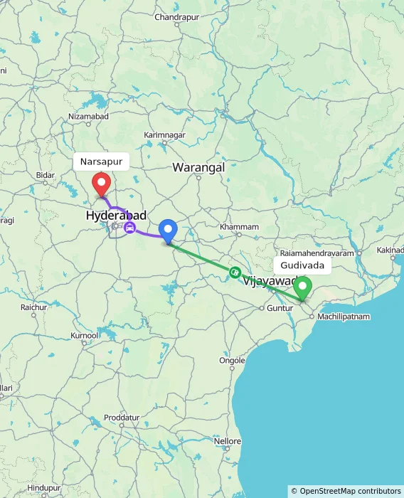 Route map showing distance and travel time from Gudivada, India to Narsapur, India