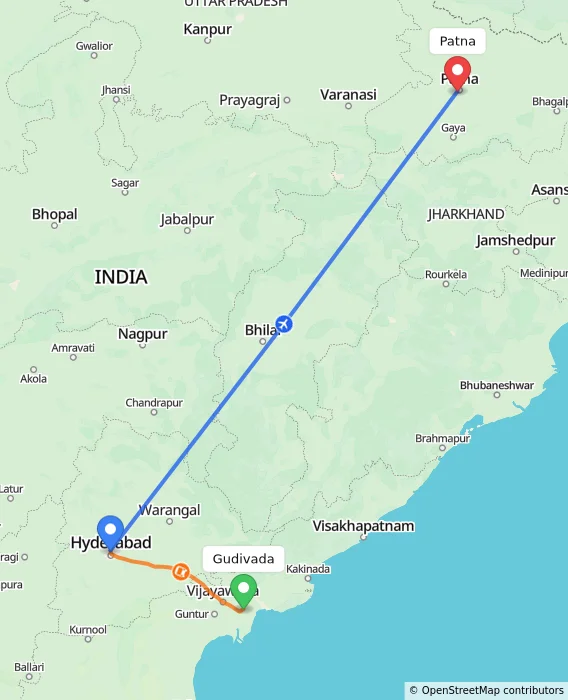 Route map showing distance and travel time from Gudivada, India to Patna, India