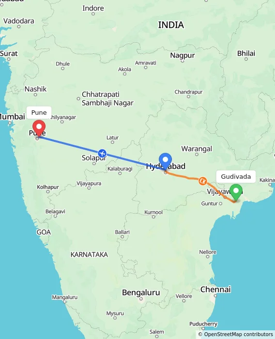 Route map showing distance and travel time from Gudivada, India to Pune, India
