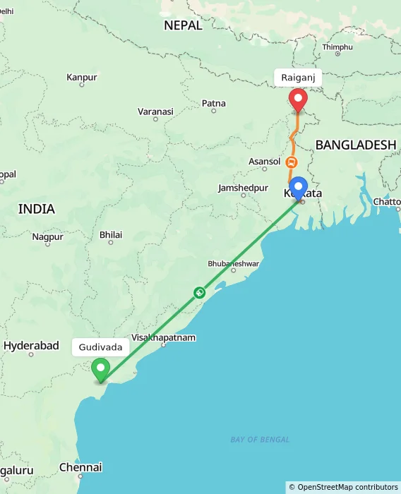 Route map showing distance and travel time from Gudivada, India to Raiganj, India