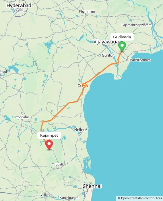 Route map showing distance and travel time from Gudivada, India to Rajampet, India