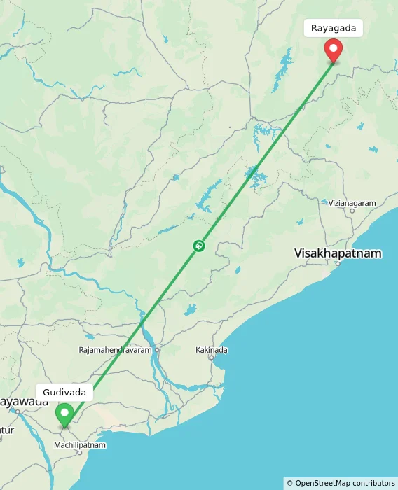Route map showing distance and travel time from Gudivada, India to Rayagada, India