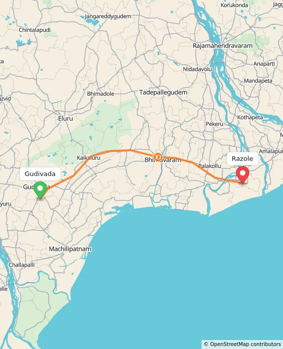 Route map showing distance and travel time from Gudivada, India to Razole, India