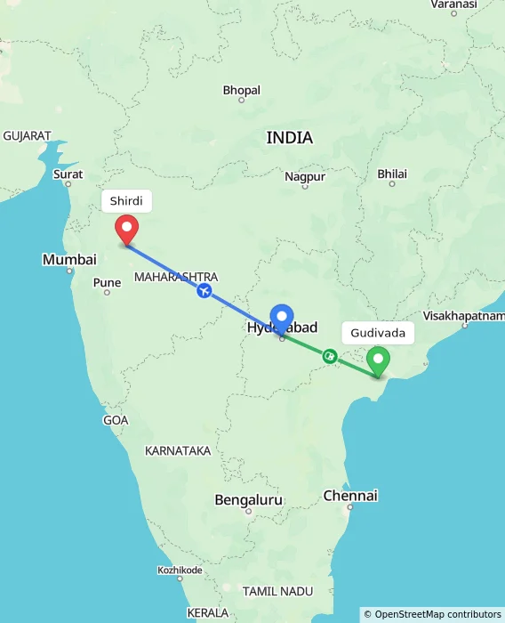 Route map showing distance and travel time from Gudivada, India to Shirdi, India