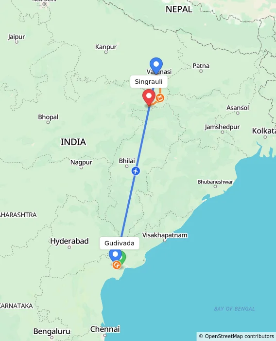 Route map showing distance and travel time from Gudivada, India to Singrauli, India