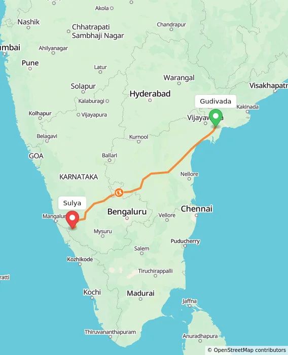 Route map showing distance and travel time from Gudivada, India to Sulya, India