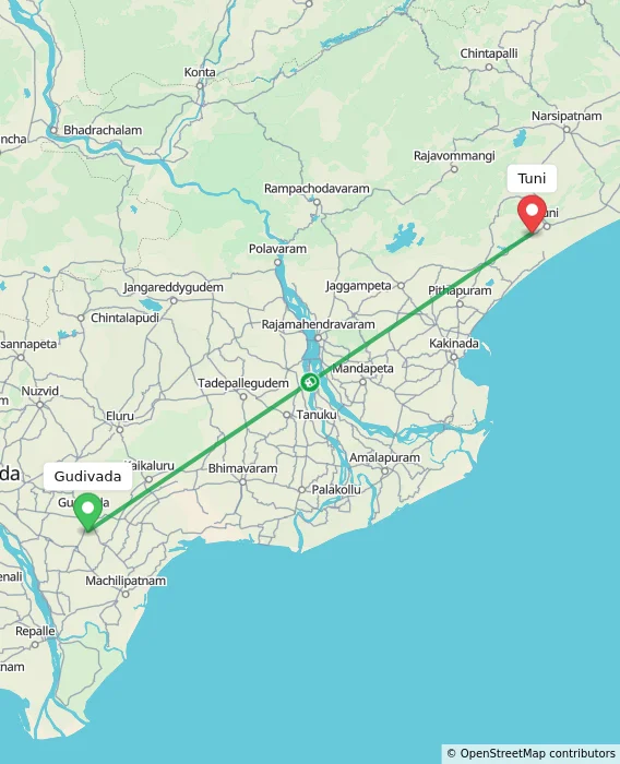 Route map showing distance and travel time from Gudivada, India to Tuni, India