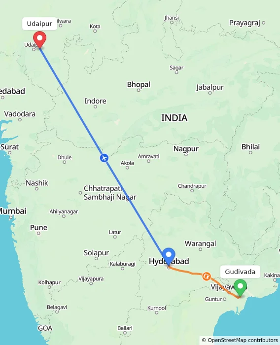 Route map showing distance and travel time from Gudivada, India to Udaipur, India