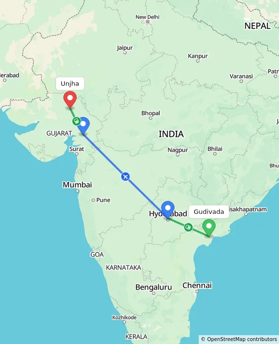 Route map showing distance and travel time from Gudivada, India to Unjha, India