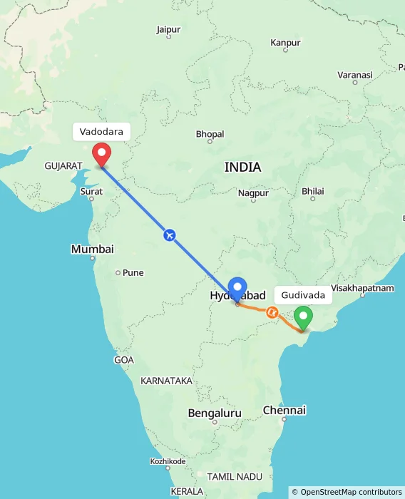 Route map showing distance and travel time from Gudivada, India to Vadodara, India