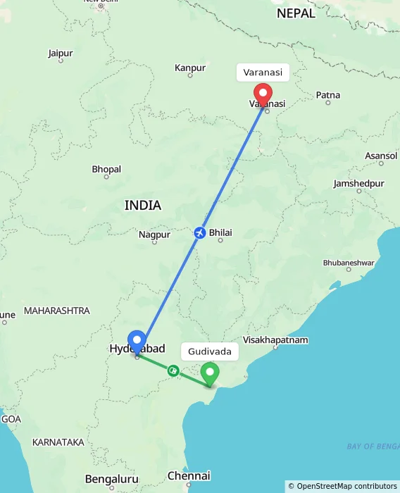 Route map showing distance and travel time from Gudivada, India to Varanasi, India