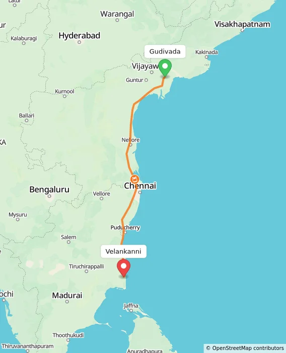 Route map showing distance and travel time from Gudivada, India to Velankanni, India