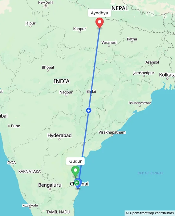 Route map showing distance and travel time from Gudur, India to Ayodhya, India