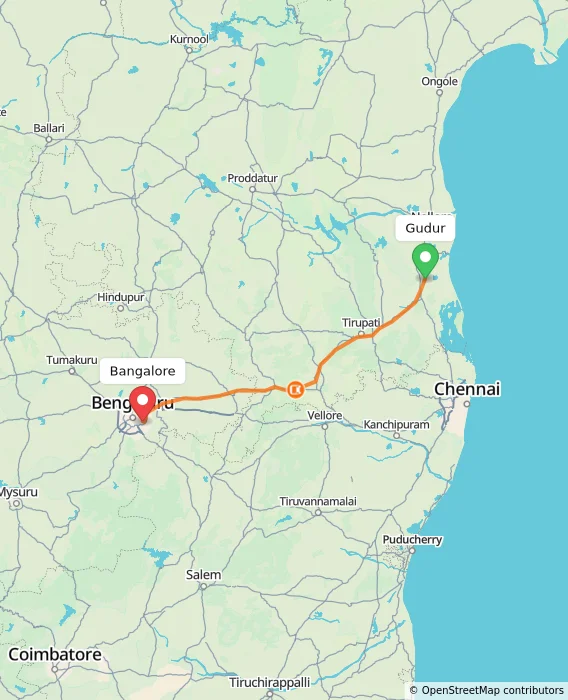 Route map showing distance and travel time from Gudur, India to Bangalore, India