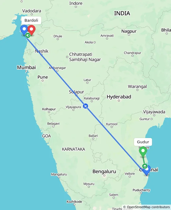 Route map showing distance and travel time from Gudur, India to Bardoli, India