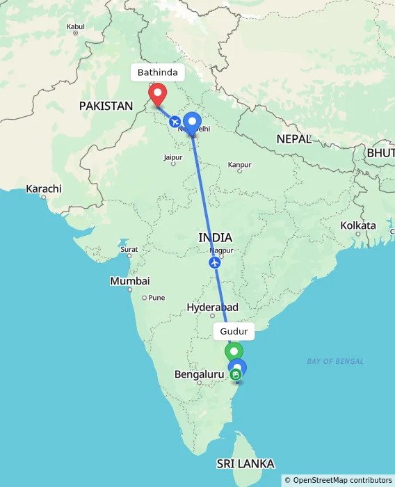 Route map showing distance and travel time from Gudur, India to Bathinda, India