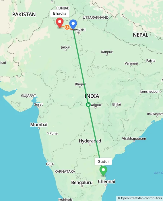 Route map showing distance and travel time from Gudur, India to Bhadra, India