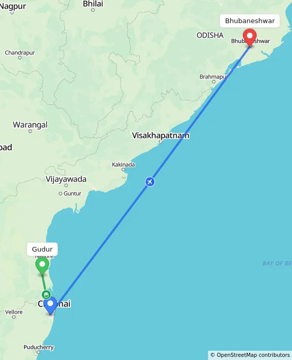 Route map showing distance and travel time from Gudur, India to Bhubaneshwar, India