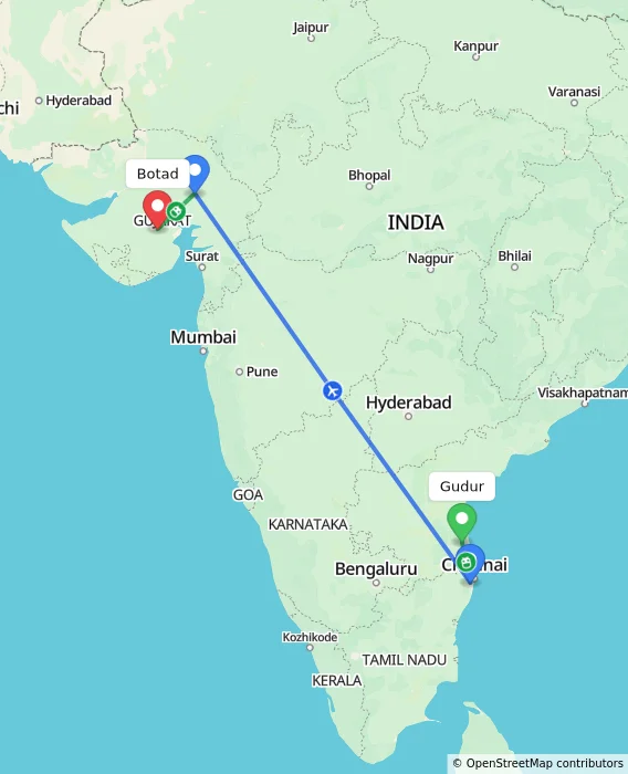 Route map showing distance and travel time from Gudur, India to Botad, India
