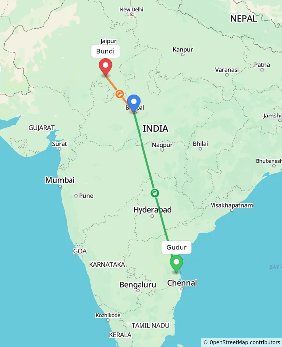 Route map showing distance and travel time from Gudur, India to Bundi, India